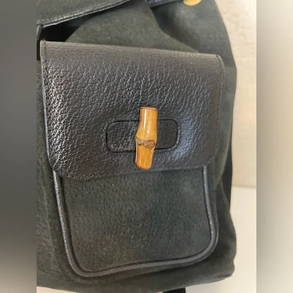 Gucci Black Suede Backpack with Bamboo Details